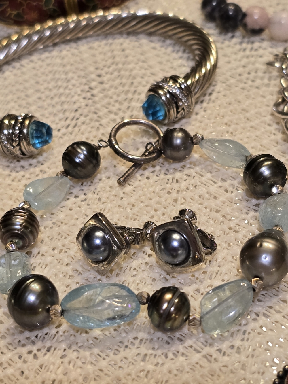 Gray Baroque Pearl and Light Blue Crystal Bead Bracelet and Earrings Set